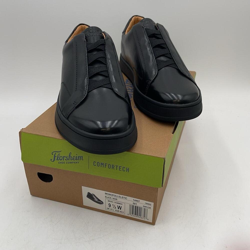 Florsheim Monopoli Elastic Shoes Mens Black Leather Slip On Comfort New Sz 9.5 W